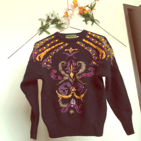 Vintage Black Handmade beaded long sleeve blouse - Picture 1 of 5